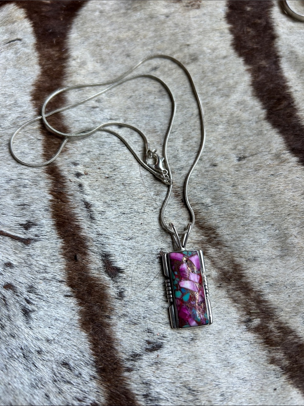 Sterling Silver spiny oyster & blue Turquoise Inlay Rectangular Pendant Necklace